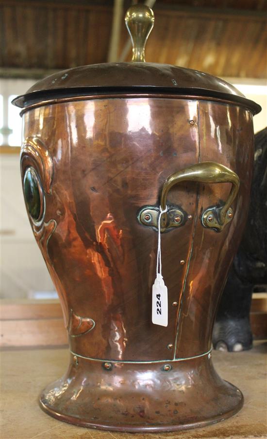 Arts and Crafts copper and Ruskin inset coal bin